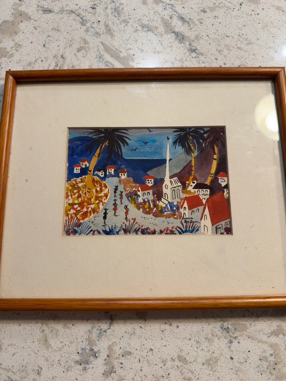 Caribbean Folk Art Painting "Caribbean Evening" Signed Juana La Loca Framed